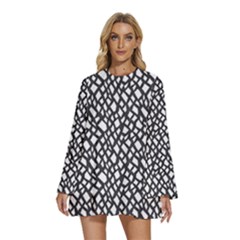 Black White Snake Pattern Round Neck Long Sleeve Bohemian Style Chiffon Mini Dress