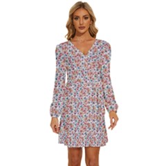 Floral Mix Long Sleeve Waist Tie Ruffle Velvet Dress