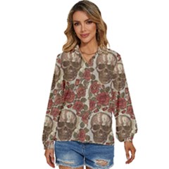 Skull And Roses Flowee Flora Floral Patterns Pattern Women s Long Sleeve Button Up Shirt