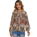 Skull And Roses Flowee Flora Floral Patterns Pattern Women s Long Sleeve Button Up Shirt View1
