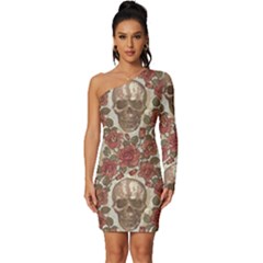 Skull And Roses Flowee Flora Floral Patterns Pattern Long Sleeve One Shoulder Mini Dress