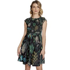 Pattern Flower Plants Leaves Nature Cap Sleeve High Waist Dress