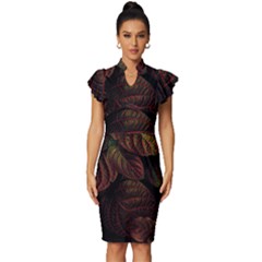 Leaves Plant Contrast Carved Nature Vintage Frill Sleeve V-neck Bodycon Dress