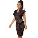 Leaves Plant Contrast Carved Nature Vintage Frill Sleeve V-Neck Bodycon Dress View2