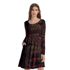Leaves Plant Contrast Carved Nature Long Sleeve Knee Length Skater Dress With Pockets