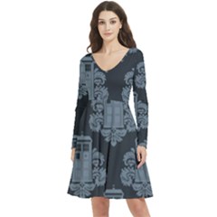 Dr Who Tardis Pattern Long Sleeve V-neck Skater Dress With Pockets
