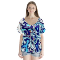 Trippy Dippy Bears Blue Dancing Greatful Dead Skull Steal Your Face V-neck Flutter Sleeve Top