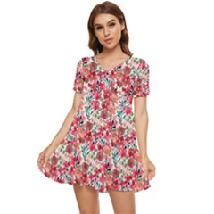 Red Flowers Tiered Short Sleeve Babydoll Dress