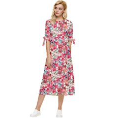 Red Flowers Bow Sleeve Chiffon Midi Dress