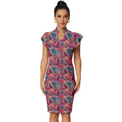 Red Flowers 2 Vintage Frill Sleeve V-neck Bodycon Dress