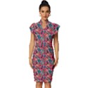 Red Flowers 2 Vintage Frill Sleeve V-Neck Bodycon Dress View1