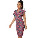 Red Flowers 2 Vintage Frill Sleeve V-Neck Bodycon Dress View2