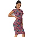 Red Flowers 2 Vintage Frill Sleeve V-Neck Bodycon Dress View3