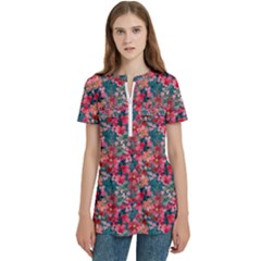 Red Flowers 2 Women s Zip Front V-neck Short Sleeve Casual Top Pocket Shirt