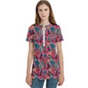 Red Flowers 2 Women s Zip Front V-Neck Short Sleeve Casual Top Pocket Shirt View1