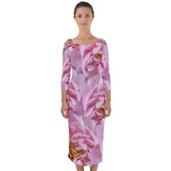 Peonies Nature Bloom Blossom Pink Quarter Sleeve Midi Bodycon Dress