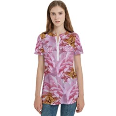 Peonies Nature Bloom Blossom Pink Women s Zip Front V-neck Short Sleeve Casual Top Pocket Shirt