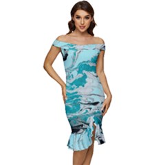 Fluid Turquoise Off Shoulder Ruffle Split Hem Bodycon Dress