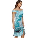 Fluid Turquoise Off Shoulder Ruffle Split Hem Bodycon Dress View3