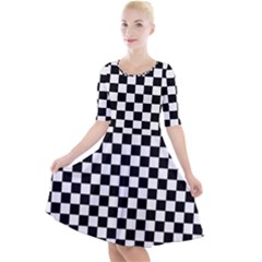 Pattern Checkered Squares Black White Pattern Quarter Sleeve A-line Dress With Pockets