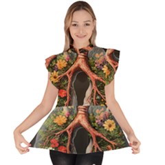 Lungs Health Ruffle Collar Short Sleeve Chiffon Top