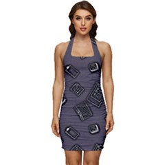 Background Wallpaper Pattern Notes Sleeveless Wide Square Neckline Ruched Bodycon Dress