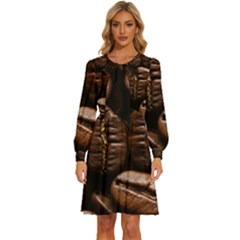 Coffee Beans Women s Round Neck Long Sleeve Bow Deco Dress