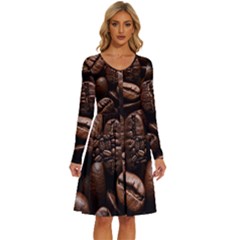 Coffee Beans Long Sleeve Dress With Pocket