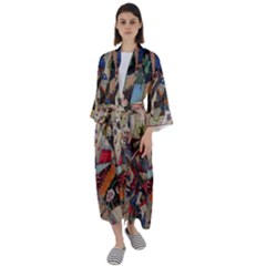 Background Embroidery Pattern Stitches Abstract Maxi Satin Kimono