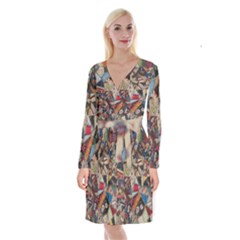 Background Embroidery Pattern Stitches Abstract Long Sleeve Velvet Front Wrap Dress