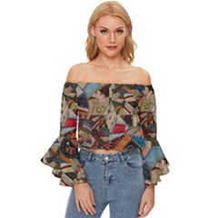 Background Embroidery Pattern Stitches Abstract Off Shoulder Flutter Bell Sleeve Top