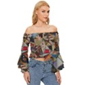 Background Embroidery Pattern Stitches Abstract Off Shoulder Flutter Bell Sleeve Top View3