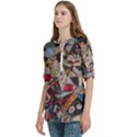 Background Embroidery Pattern Stitches Abstract Women s Zip Front V-Neck 3/4 Sleeve Casual Top Pocket Shirt View2