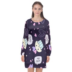 Cupcake Doodle Heart Love Long Sleeve Chiffon Shift Dress 