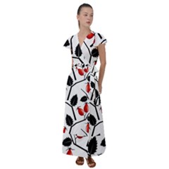 Rose Hip Pattern Branches Autumn Flutter Sleeve Maxi Dress