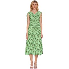 Leaves Pattern Texture Seamless V-neck Drawstring Shoulder Sleeveless Maxi Dress