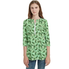 Leaves Pattern Texture Seamless Women s Zip Front V-neck 3/4 Sleeve Casual Top Pocket Shirt