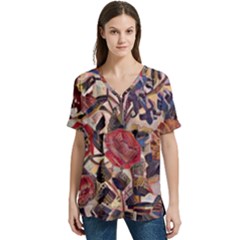 Abstract Flowers V-neck Split Shoulder Casual T-shirt