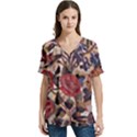 Abstract Flowers V-Neck Split Shoulder Casual T-Shirt View1