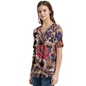 Abstract Flowers V-Neck Split Shoulder Casual T-Shirt View2
