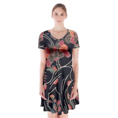 Red Flowers 2 Short Sleeve V-neck Flare Dress