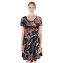 Red Flowers 2 Short Sleeve V-neck Flare Dress View1