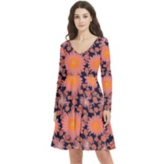 Mid Century Retro Floral 1970s 1960s Pattern 74 Long Sleeve V-neck Skater Dress With Pockets