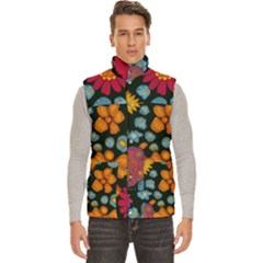 Mid Century Retro Floral 1970s 1960s Pattern 77 Men s High Neck Button Up Puffer Vest