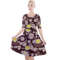 Mid Century Retro Floral 1970s 1960s Pattern 84 Quarter Sleeve A-line Dress