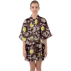 Mid Century Retro Floral 1970s 1960s Pattern 84 Half Sleeve Satin Kimono 