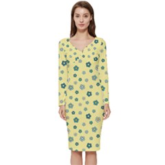 Flowers Bloom Blossom Petals Flora Long Sleeve V-neck Bodycon Dress 