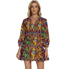 Grateful Dead Psychedelic Bears V-neck Placket Mini Dress