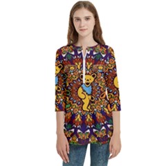 Grateful Dead Psychedelic Bears Women s Zip Front V-neck 3/4 Sleeve Casual Top Pocket Shirt