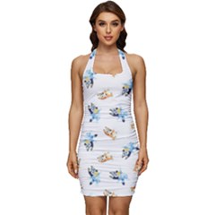 Bluey Pattern Sleeveless Wide Square Neckline Ruched Bodycon Dress